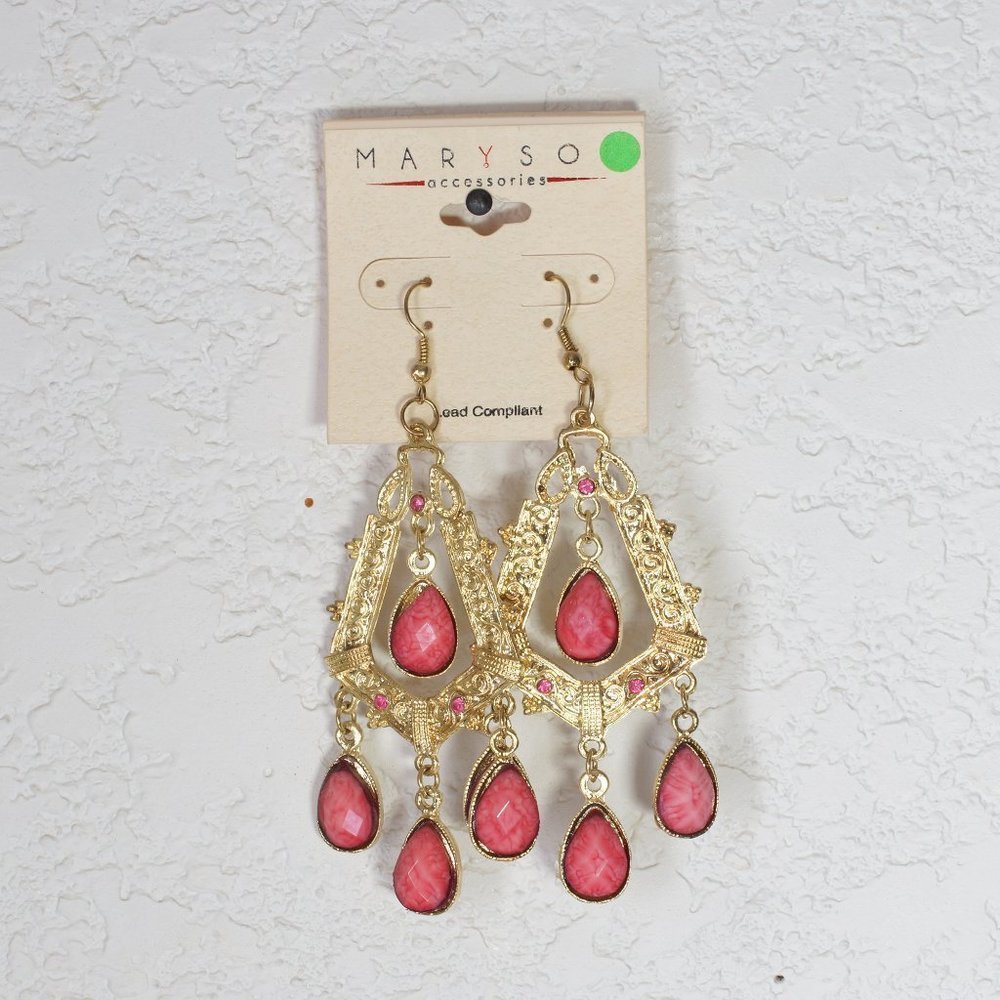 Gold Dangling Earrings with Pink Stones.